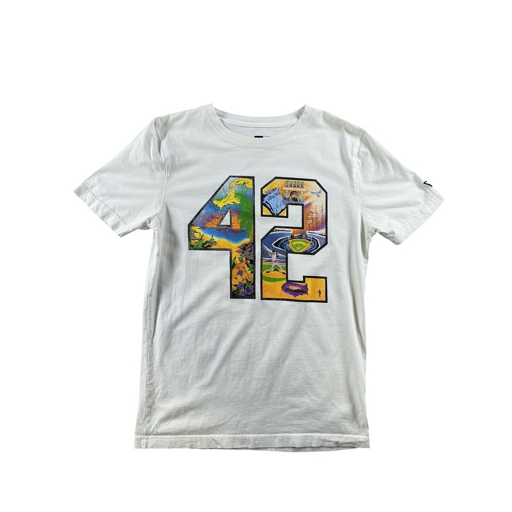 New Era Jackie Robinson 42 Baseball Graphic T-Shirt Mens Small White Cotton